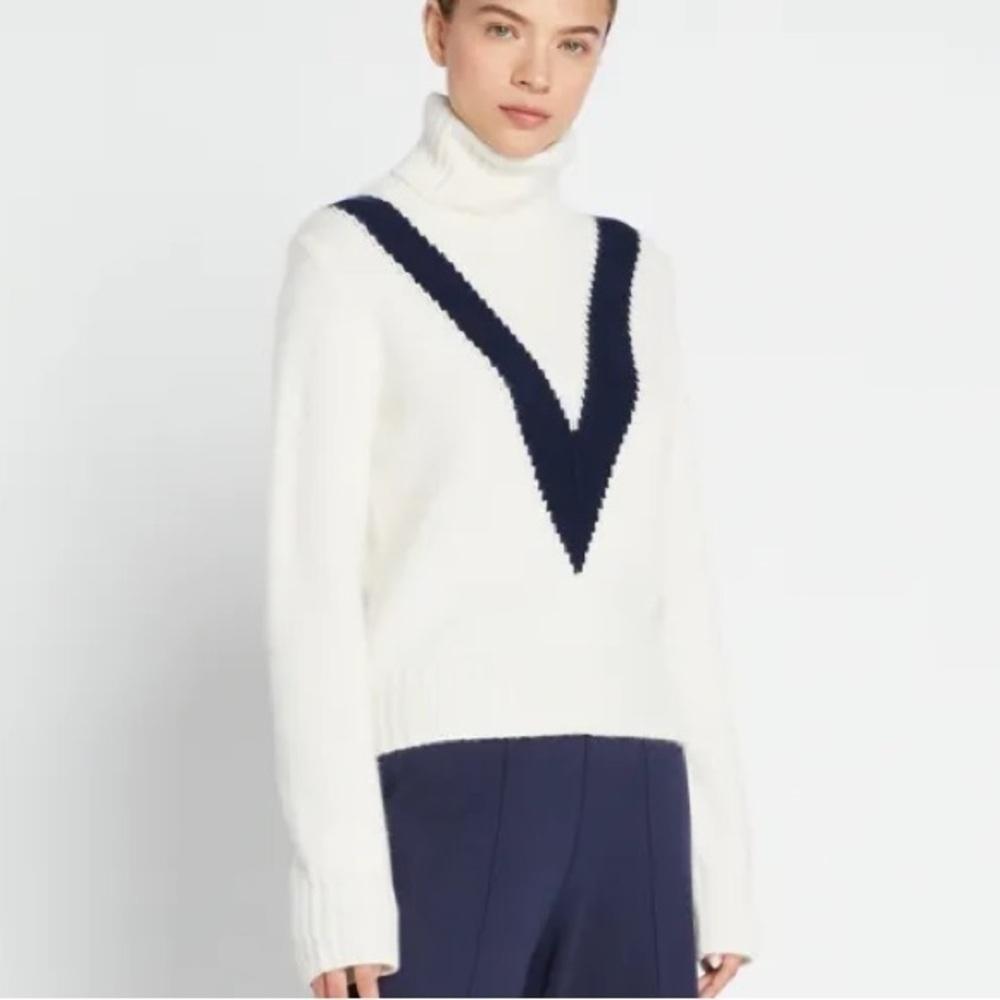 Tory Burch Tory Sport Cashmere Chevron Turtleneck - Ivory/Navy - Picture 2 of 9